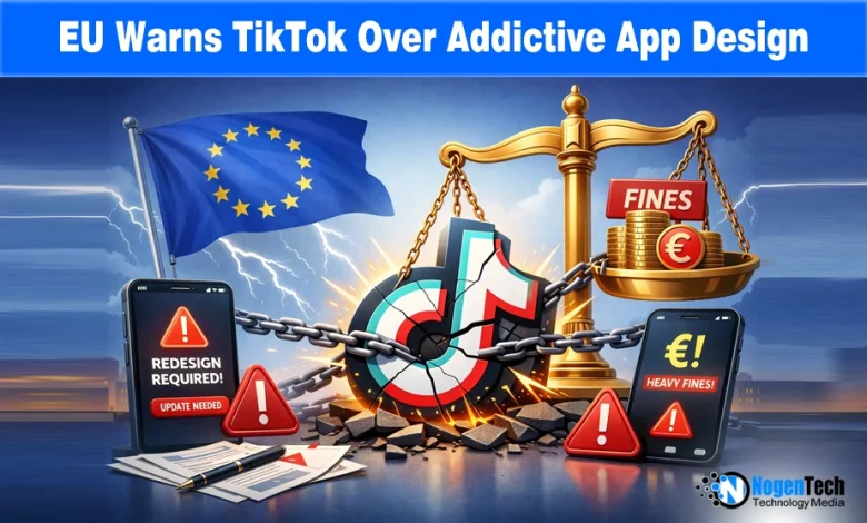 TikTok app on a smartphone with a text overlay about EU addictive design warnings.