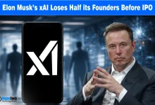 Graphic showing Elon Musk and xAI logo with text "Elon Musk’s xAI Loses Half its Founders Before IPO" following the exit of 6 founding members.