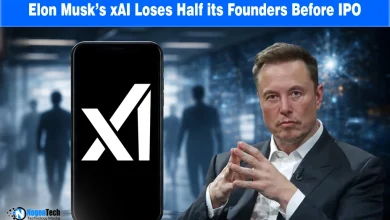 Graphic showing Elon Musk and xAI logo with text "Elon Musk’s xAI Loses Half its Founders Before IPO" following the exit of 6 founding members.