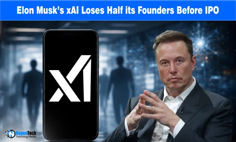 Graphic showing Elon Musk and xAI logo with text "Elon Musk’s xAI Loses Half its Founders Before IPO" following the exit of 6 founding members.
