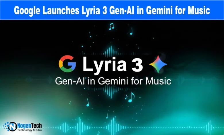 Gemini app interface with music soundwaves and text "Google Launches Lyria 3 Gen-AI in Gemini for Music" regarding the new music generation feature.
