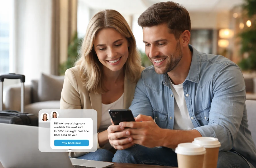 A happy couple chating with an AI Hotel Booking Assistant on mobile phone