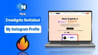 CrowdIgnite website screenshot and logo with a growth chart and text "How CrowdIgnite Revitalized My Instagram."