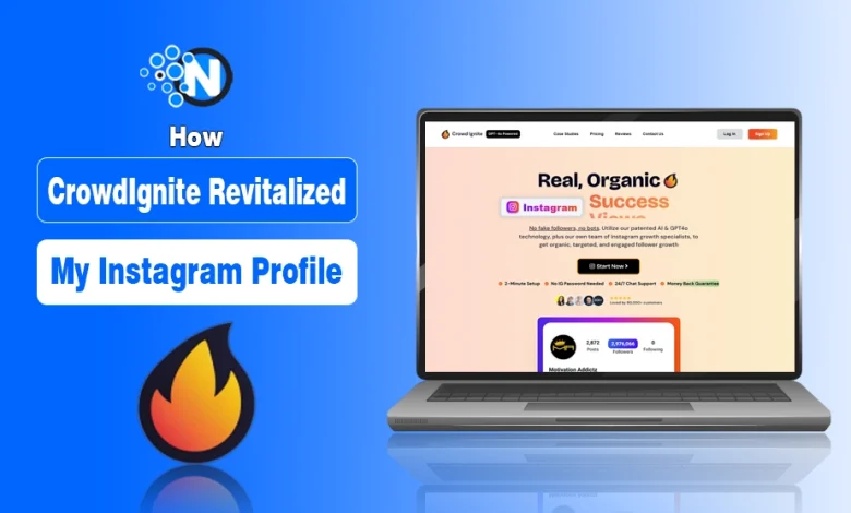 CrowdIgnite website screenshot and logo with a growth chart and text "How CrowdIgnite Revitalized My Instagram."