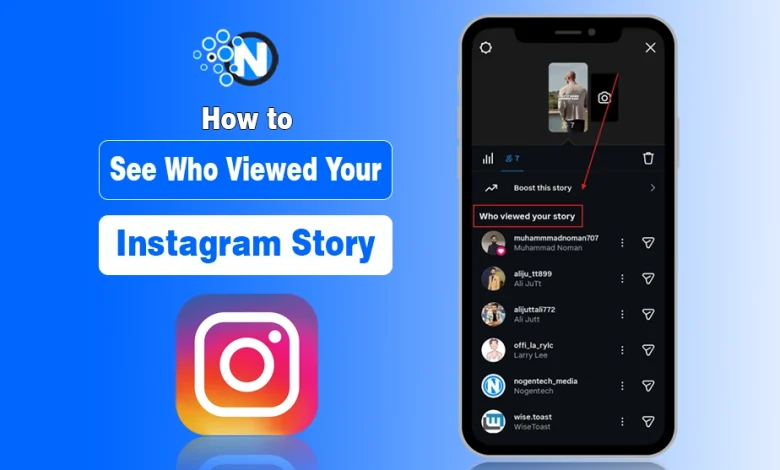 Instagram app screen showing a Story viewer list with text "How to See Who Viewed Your Instagram Story."