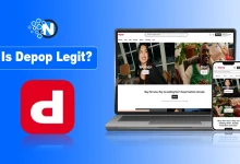 A modern smartphone displaying the Depop app with a "Verified" safety badge and the bold text "Is Depop legit?" over a stylish clothing background.