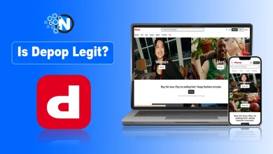 A modern smartphone displaying the Depop app with a "Verified" safety badge and the bold text "Is Depop legit?" over a stylish clothing background.