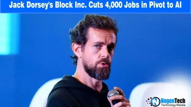 News heading "Jack Dorsey's Block Inc. Cuts 4,000 Jobs in Pivot to AI" with instadp watermark.