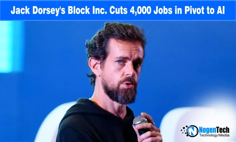 News heading "Jack Dorsey's Block Inc. Cuts 4,000 Jobs in Pivot to AI" with instadp watermark.