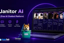 Janitor AI free AI chatbot platform interface displayed on a laptop with AI characters and chatbot features