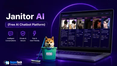 Janitor AI free AI chatbot platform interface displayed on a laptop with AI characters and chatbot features