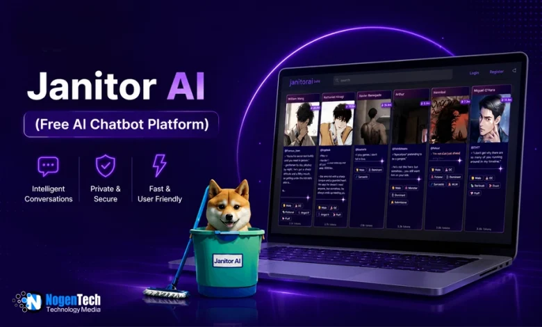 Janitor AI free AI chatbot platform interface displayed on a laptop with AI characters and chatbot features