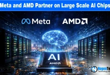 Meta and AMD logos on a futuristic AI circuit board with text "Meta and AMD Partner on Large Scale AI Chips" regarding their 2026 infrastructure deal.