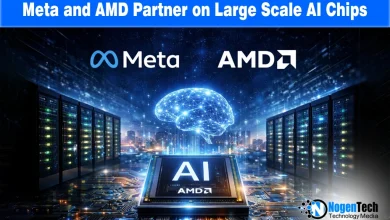Meta and AMD logos on a futuristic AI circuit board with text "Meta and AMD Partner on Large Scale AI Chips" regarding their 2026 infrastructure deal.