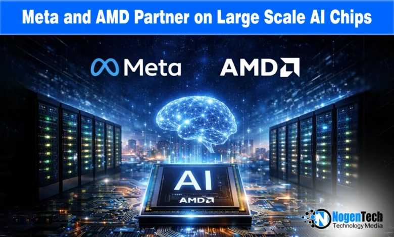Meta and AMD logos on a futuristic AI circuit board with text "Meta and AMD Partner on Large Scale AI Chips" regarding their 2026 infrastructure deal.