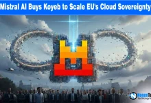 Mistral AI and Koyeb logos with "Mistral AI Buys Koyeb to Scale EU's Cloud Sovereignty" text on a European digital background.