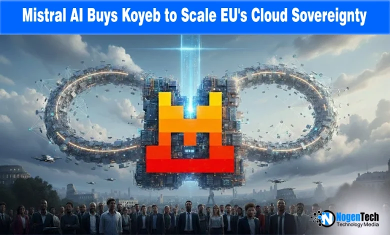Mistral AI and Koyeb logos with "Mistral AI Buys Koyeb to Scale EU's Cloud Sovereignty" text on a European digital background.