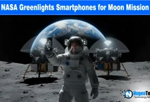 Astronaut in space holding a smartphone with text: NASA Allows Artemis Astronauts to Bring Smartphones to Space.