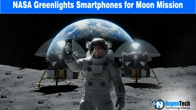 Astronaut in space holding a smartphone with text: NASA Allows Artemis Astronauts to Bring Smartphones to Space.
