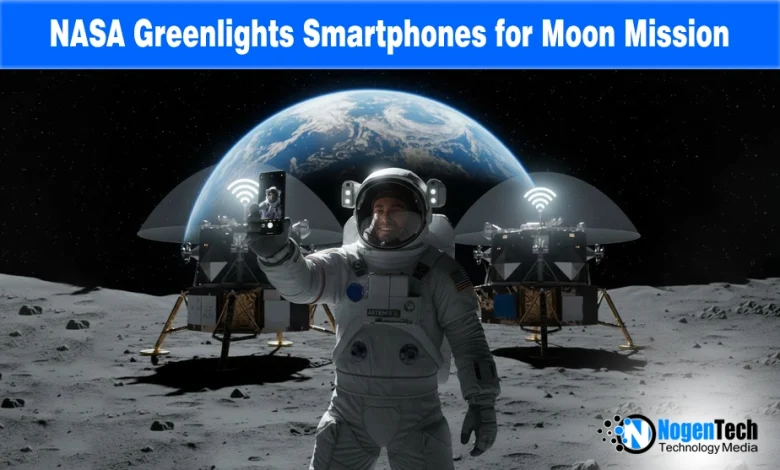 Astronaut in space holding a smartphone with text: NASA Allows Artemis Astronauts to Bring Smartphones to Space.
