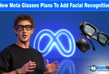 lose-up of Meta Ray-Ban smart glasses with a digital facial recognition interface overlay and headline text about Meta's new facial recognition plans.