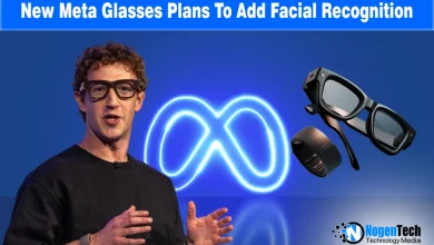 lose-up of Meta Ray-Ban smart glasses with a digital facial recognition interface overlay and headline text about Meta's new facial recognition plans.
