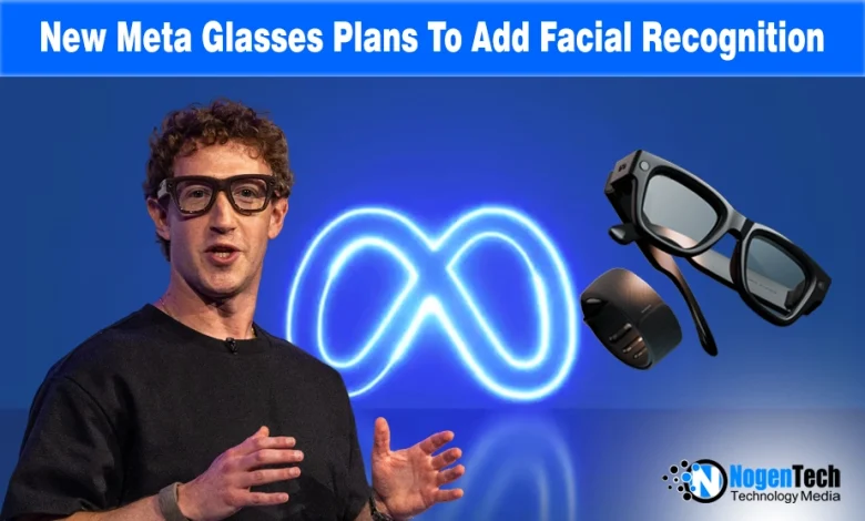 lose-up of Meta Ray-Ban smart glasses with a digital facial recognition interface overlay and headline text about Meta's new facial recognition plans.