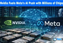 Close-up of Nvidia AI chips and Meta logo with headline text "Nvidia Fuels Meta’s AI Push with Millions of Chips.