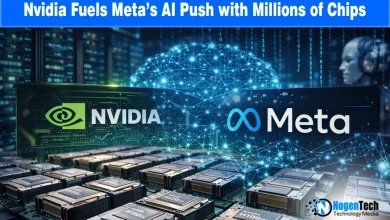 Close-up of Nvidia AI chips and Meta logo with headline text "Nvidia Fuels Meta’s AI Push with Millions of Chips.