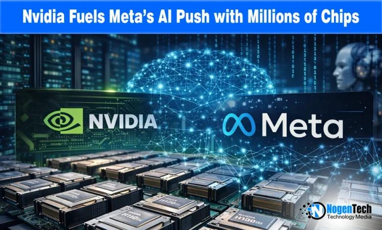 Close-up of Nvidia AI chips and Meta logo with headline text "Nvidia Fuels Meta’s AI Push with Millions of Chips.