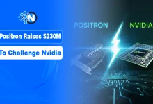 Text "Positron Raises $230M to Challenge Nvidia" on a futuristic AI chip background.