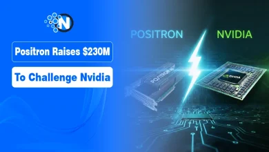 Text "Positron Raises $230M to Challenge Nvidia" on a futuristic AI chip background.