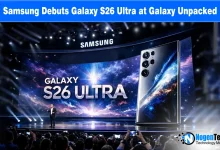 Samsung Galaxy S26 Ultra smartphone on stage at Galaxy Unpacked 2026 with text "Samsung Debuts Galaxy S26 Ultra at Galaxy Unpacked.