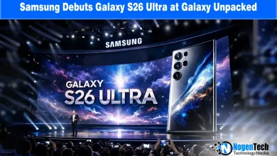 Samsung Galaxy S26 Ultra smartphone on stage at Galaxy Unpacked 2026 with text "Samsung Debuts Galaxy S26 Ultra at Galaxy Unpacked.
