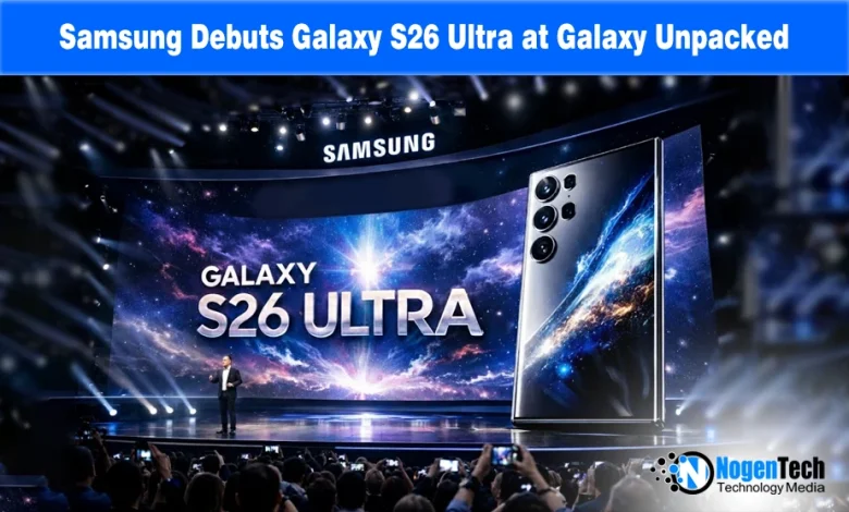 Samsung Galaxy S26 Ultra smartphone on stage at Galaxy Unpacked 2026 with text "Samsung Debuts Galaxy S26 Ultra at Galaxy Unpacked.