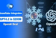 Snowflake and OpenAI logos linked by blue light representing their $200M AI deal.