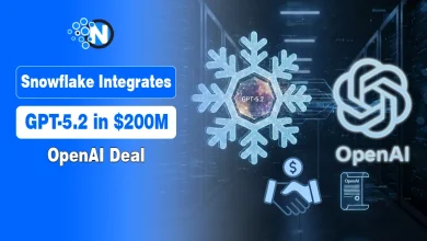 Snowflake and OpenAI logos linked by blue light representing their $200M AI deal.