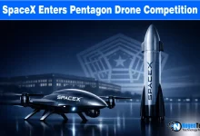 SpaceX and xAI logos with a swarm of drones and text "SpaceX Enters Pentagon Drone Competition" regarding new AI defense tech.