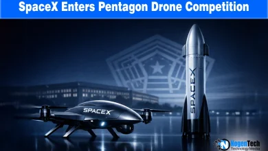 SpaceX and xAI logos with a swarm of drones and text "SpaceX Enters Pentagon Drone Competition" regarding new AI defense tech.