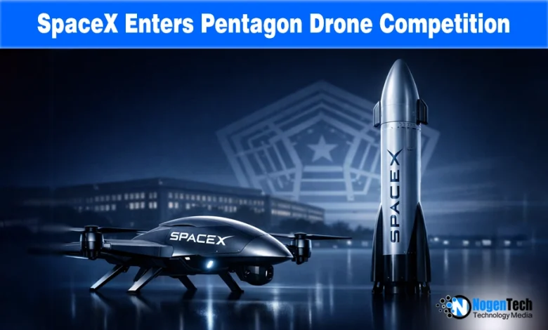 SpaceX and xAI logos with a swarm of drones and text "SpaceX Enters Pentagon Drone Competition" regarding new AI defense tech.