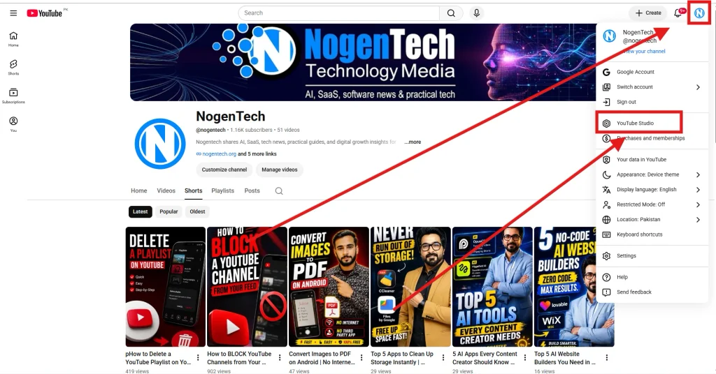 Step 1 is Open YouTube and Click on the “Channel Logo” and then YouTube Studio