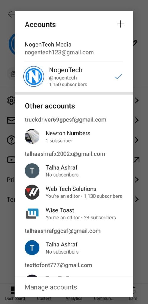 YouTube Studio app account switcher screen showing NogenTech channel with 1,150 subscribers selected on Android
