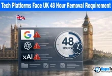 Digital clock showing 48 hours over tech company logos with text "Tech Platforms Face UK 48 Hour Removal Requirement" regarding new UK safety laws.
