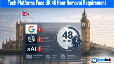 Digital clock showing 48 hours over tech company logos with text "Tech Platforms Face UK 48 Hour Removal Requirement" regarding new UK safety laws.