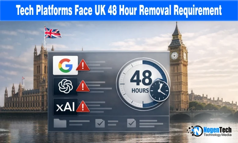 Digital clock showing 48 hours over tech company logos with text "Tech Platforms Face UK 48 Hour Removal Requirement" regarding new UK safety laws.