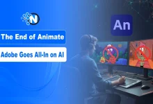 A digital animator working on two monitors featuring 2D characters with red cross icons over them, accompanied by text that reads "The End of Animate: Adobe Goes All-In on AI."