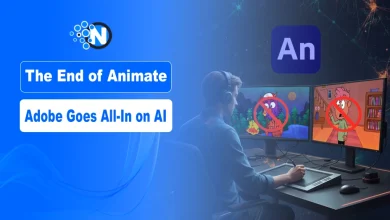 A digital animator working on two monitors featuring 2D characters with red cross icons over them, accompanied by text that reads "The End of Animate: Adobe Goes All-In on AI."