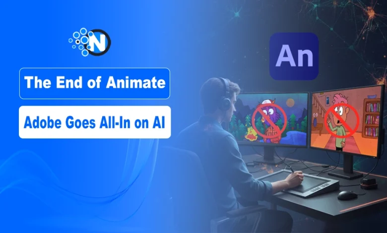A digital animator working on two monitors featuring 2D characters with red cross icons over them, accompanied by text that reads "The End of Animate: Adobe Goes All-In on AI."
