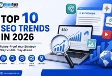 Top 10 SEO trends in 2026 featuring AI search, AEO, E-E-A-T, visual search, and local SEO