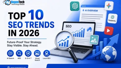 Top 10 SEO trends in 2026 featuring AI search, AEO, E-E-A-T, visual search, and local SEO